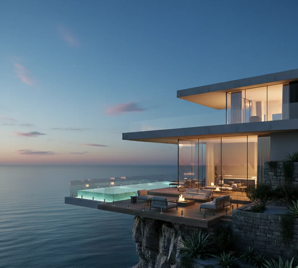 Coastal residence visualization at dusk