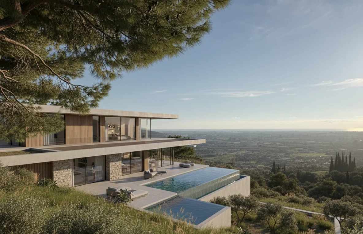 Visualization of a timber and stone hillside residence and pool